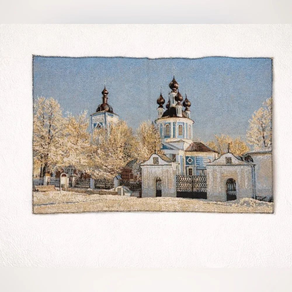 Woven Tapestry Wall Hanging Winter Church Scene 19.7 x 29.5